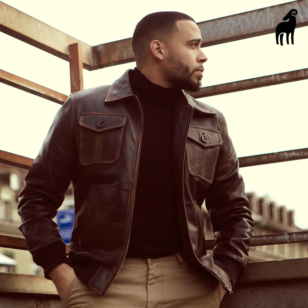 Brown leather jacket-Motorbike jacket-Lambskin jacket