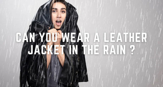 Leather jacket in the rain – A stylish brown leather jacket worn outdoors on a rainy day, showcasing water droplets on the surface. Learn how to protect leather from rain.