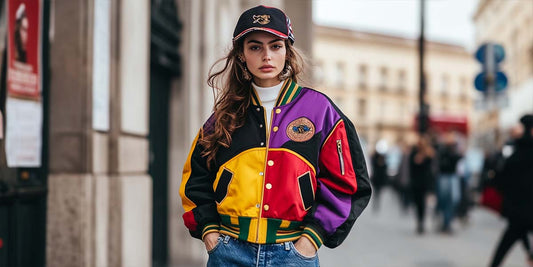 A woman wearing a classic varsity jacket with leather sleeves and embroidered letter patch.