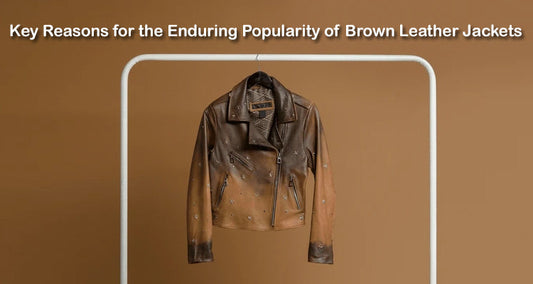 A stylish brown leather jacket with studded details hanging on a minimalist white clothing rack against a brown background, highlighting its timeless appeal.