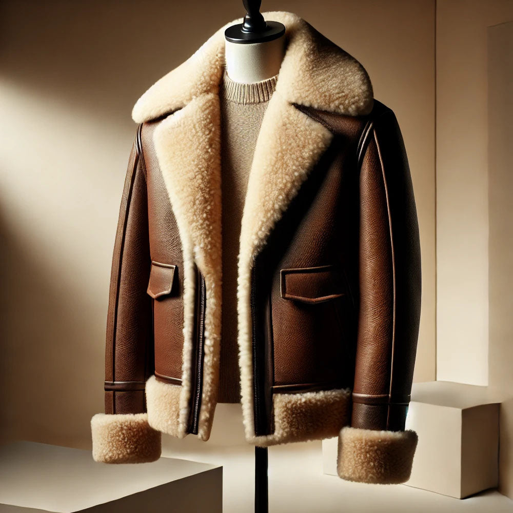Stylish shearling jacket with plush lining and leather exterior displayed on a mannequin, showcasing fit and craftsmanship in a minimal setting.