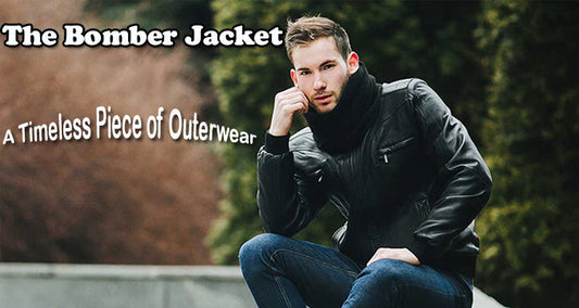 A classic leather bomber jacket with ribbed cuffs and a front zipper, showcasing its timeless style and versatility for all seasons.