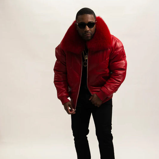 Leather V Bomber Jacket-Bubble Jacket-Sheepskin Jacket