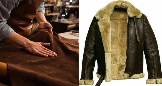 Close-up of premium sheepskin leather jacket showcasing soft wool lining and natural texture, ideal for airforce shearling and aviator-style outerwear.