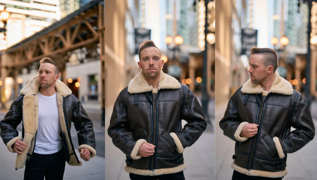A model wearing a modern aviator jacket showcasing the 2025 fashion trend