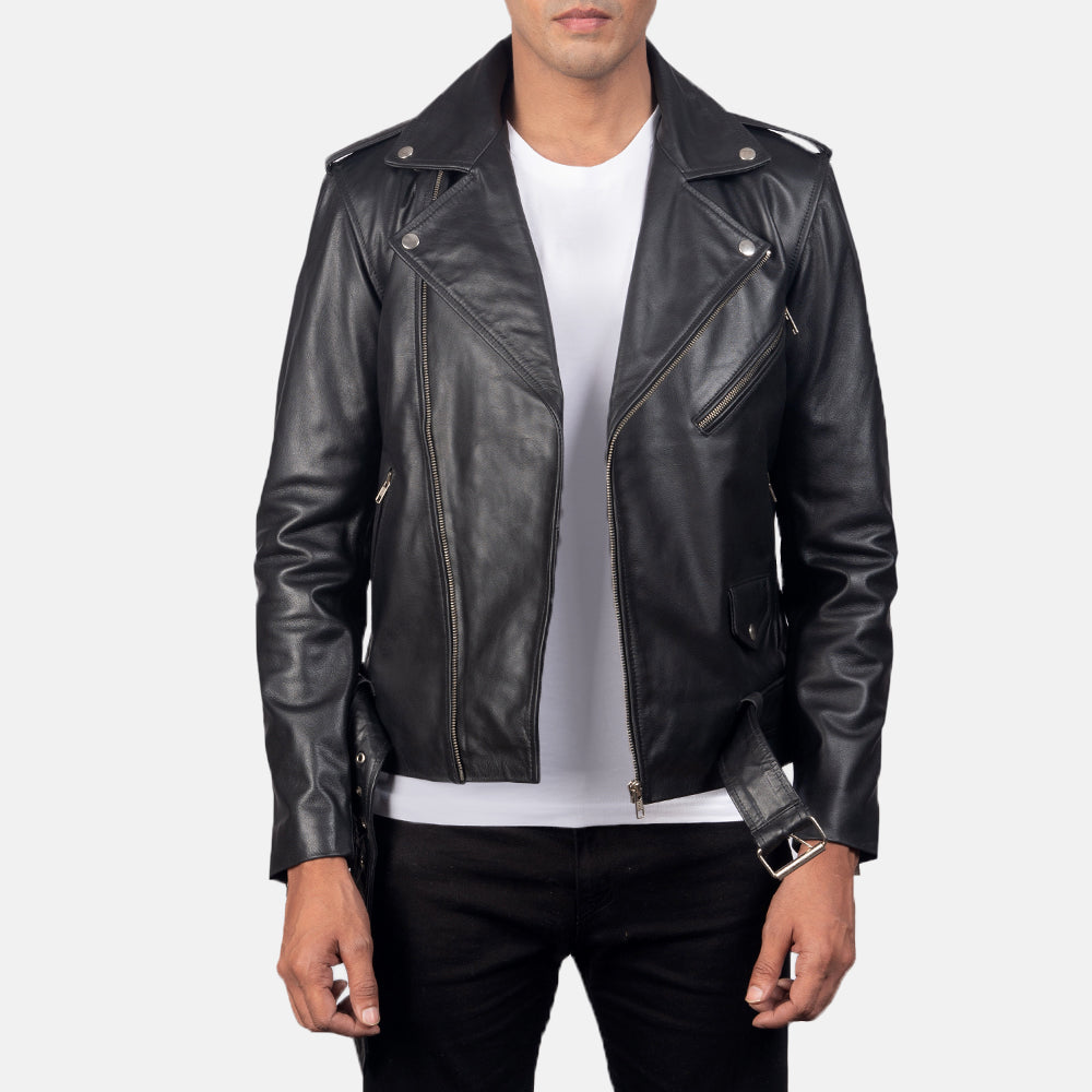 New Men Black Belted Moto Motorcycle Riding Leather Biker Jacket