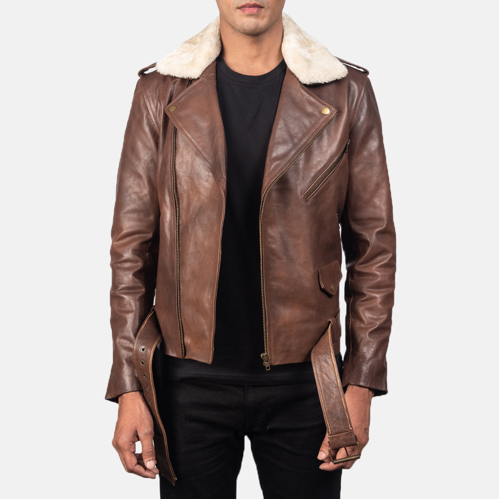 New Furton Brown Moto Belted Motorcycle Riding Men Biker Leather Jacket