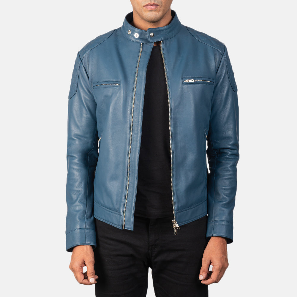 New Gatsby Blue Riding Motorbike Men Biker Leather Jacket