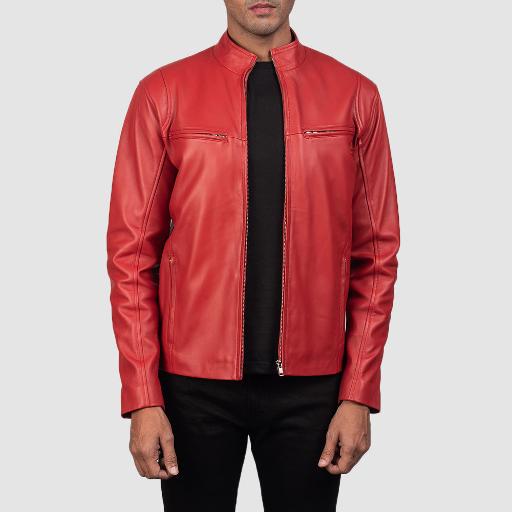 New Red Moto Riding Motorcycle Leather Biker Jacket For Men