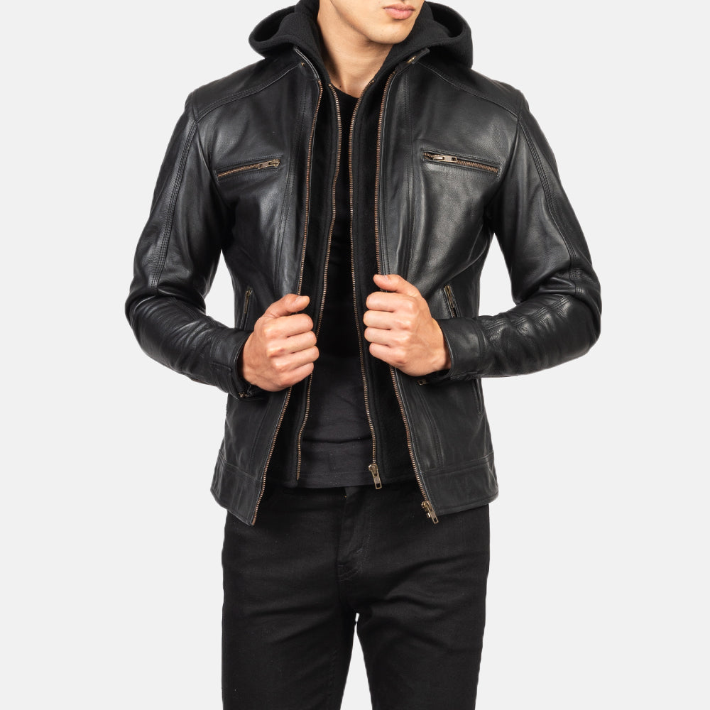 Men Black Hooded Moto Riding Leather Biker Jacket