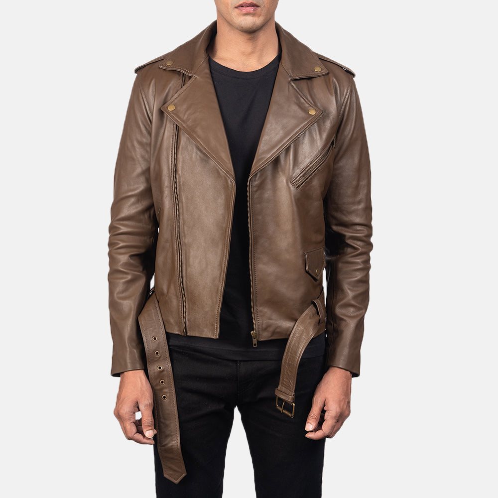 Men Mocha Motorbike Belted Racing Moto Biker Leather Jacket