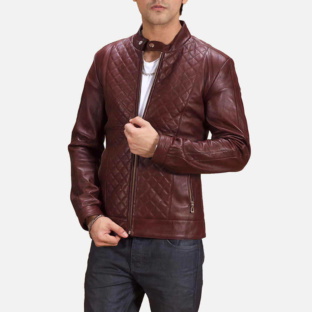 New Men Maroon Studded Moto Racing Leather Biker Jacket