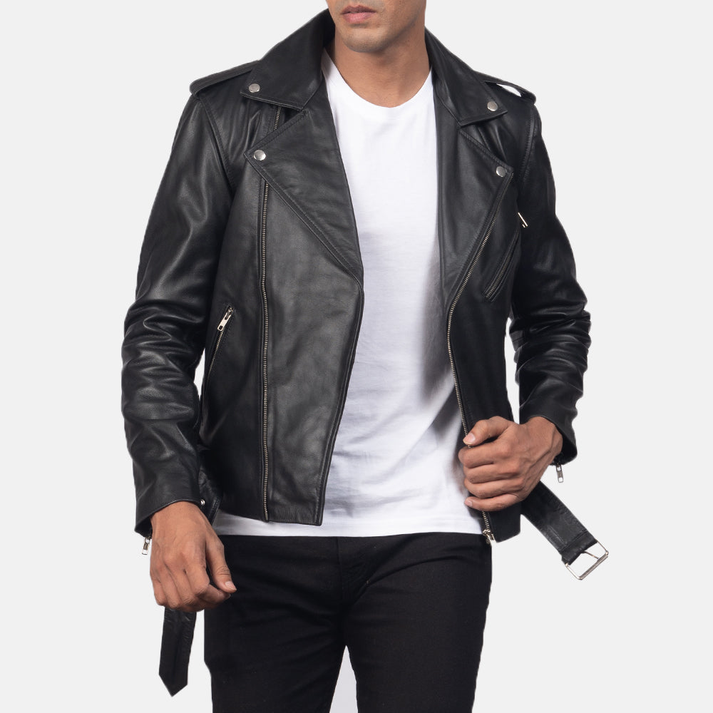 New Men Black Belted Moto Motorcycle Riding Leather Biker Jacket