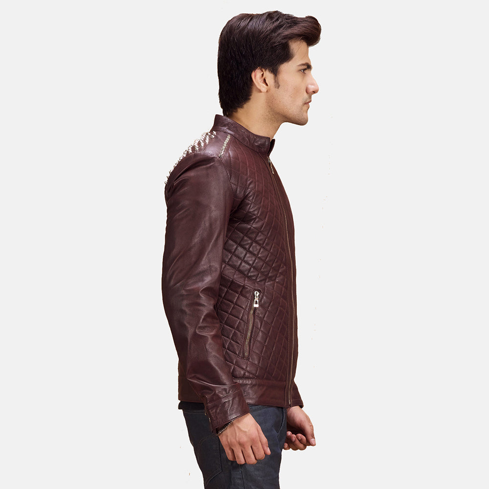 New Men Maroon Studded Moto Racing Leather Biker Jacket