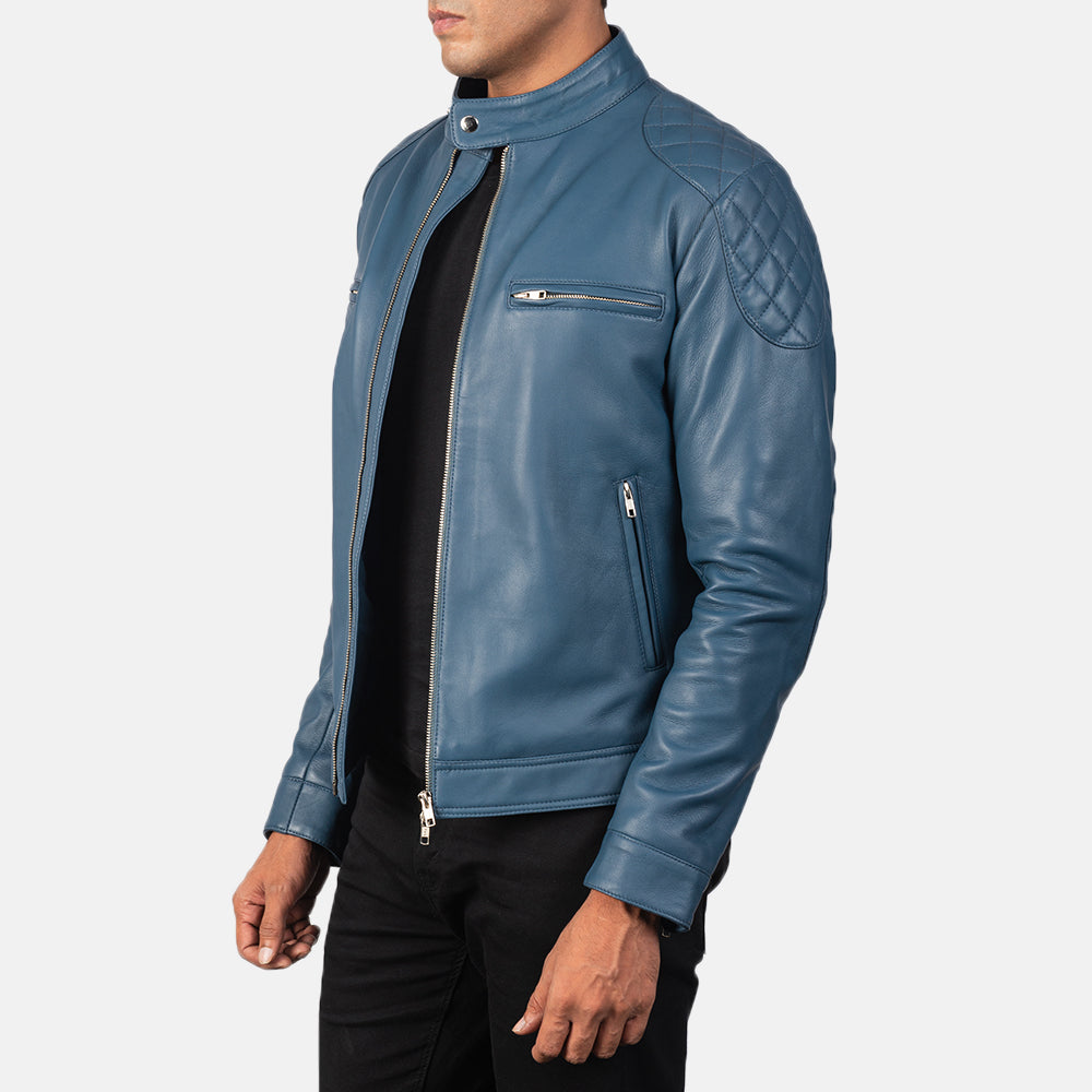 New Gatsby Blue Riding Motorbike Men Biker Leather Jacket