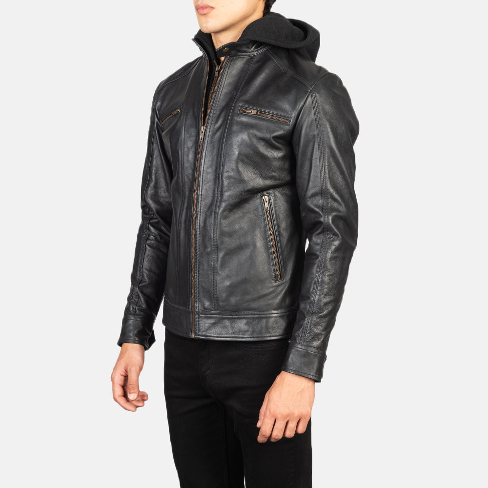 Men Black Hooded Moto Riding Leather Biker Jacket