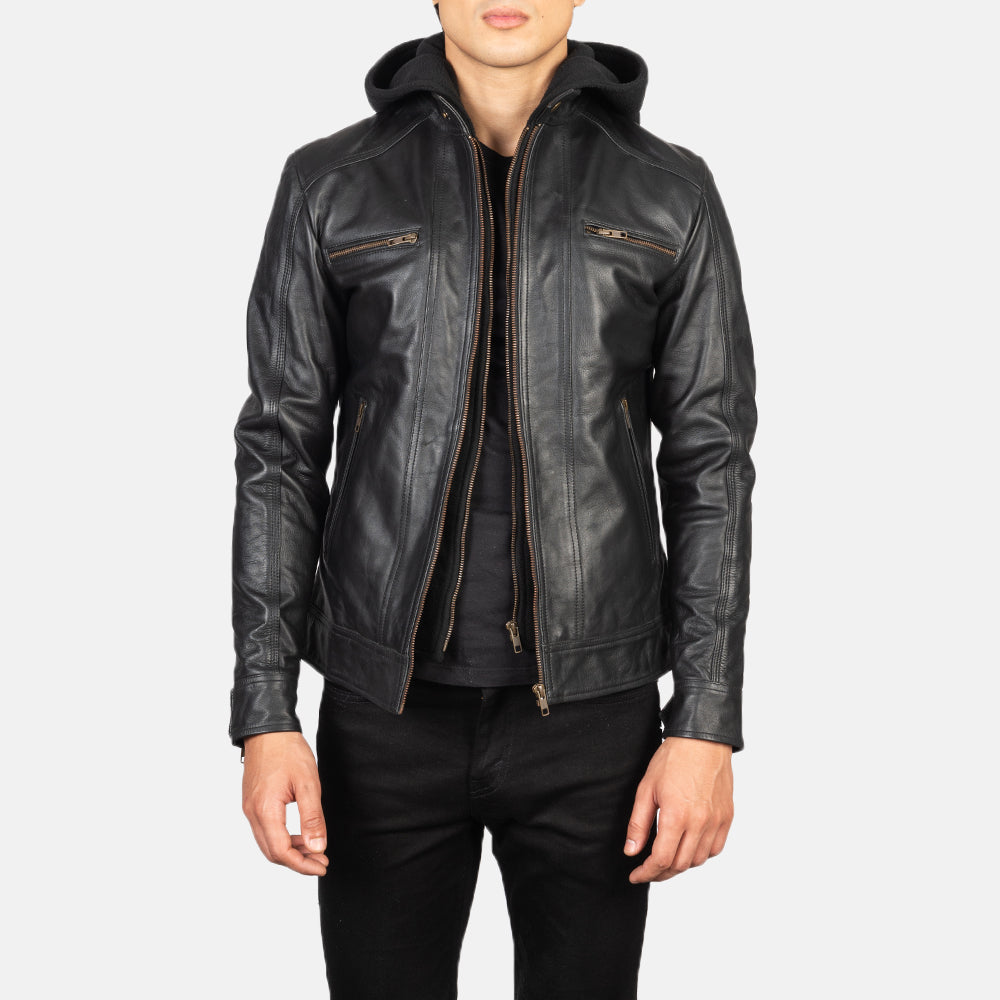 Men Black Hooded Moto Riding Leather Biker Jacket