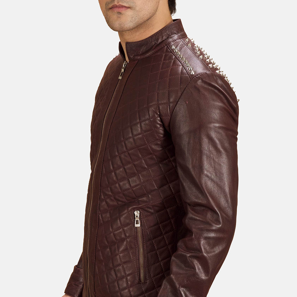 New Men Maroon Studded Moto Racing Leather Biker Jacket