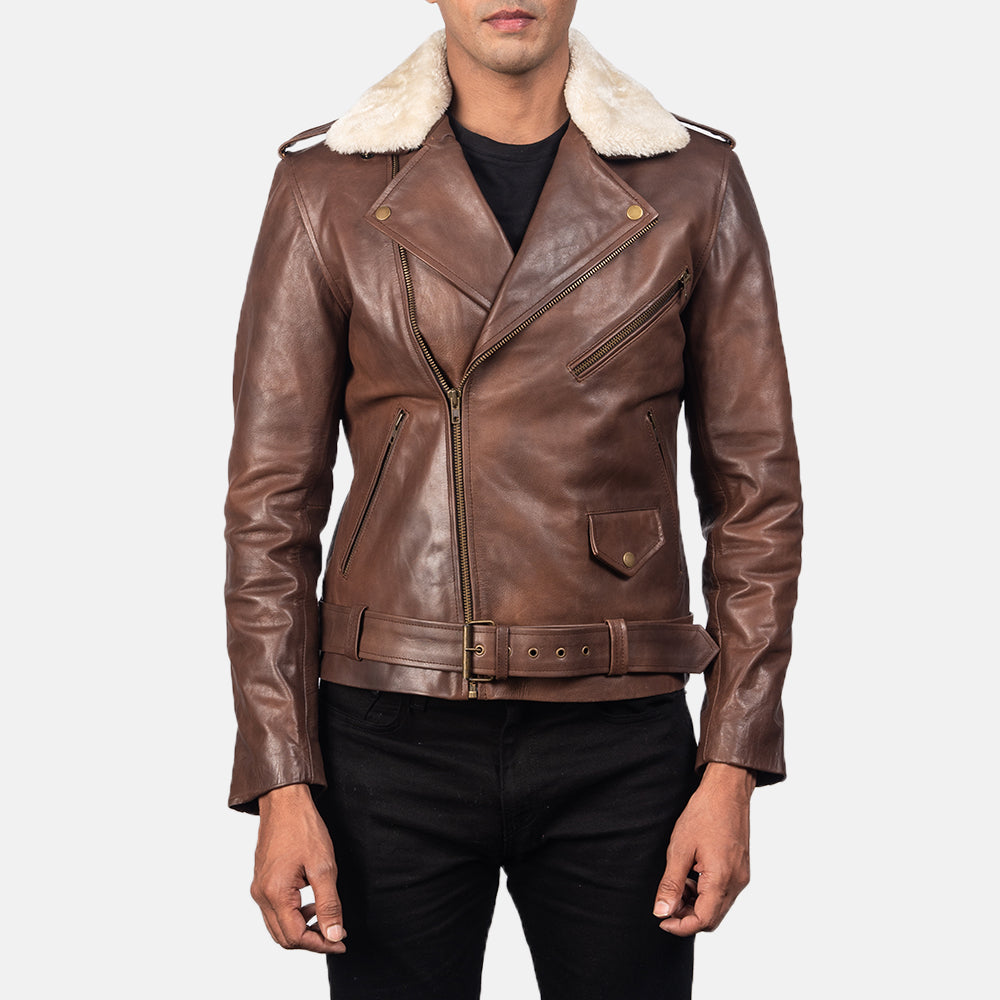New Furton Brown Moto Belted Motorcycle Riding Men Biker Leather Jacket