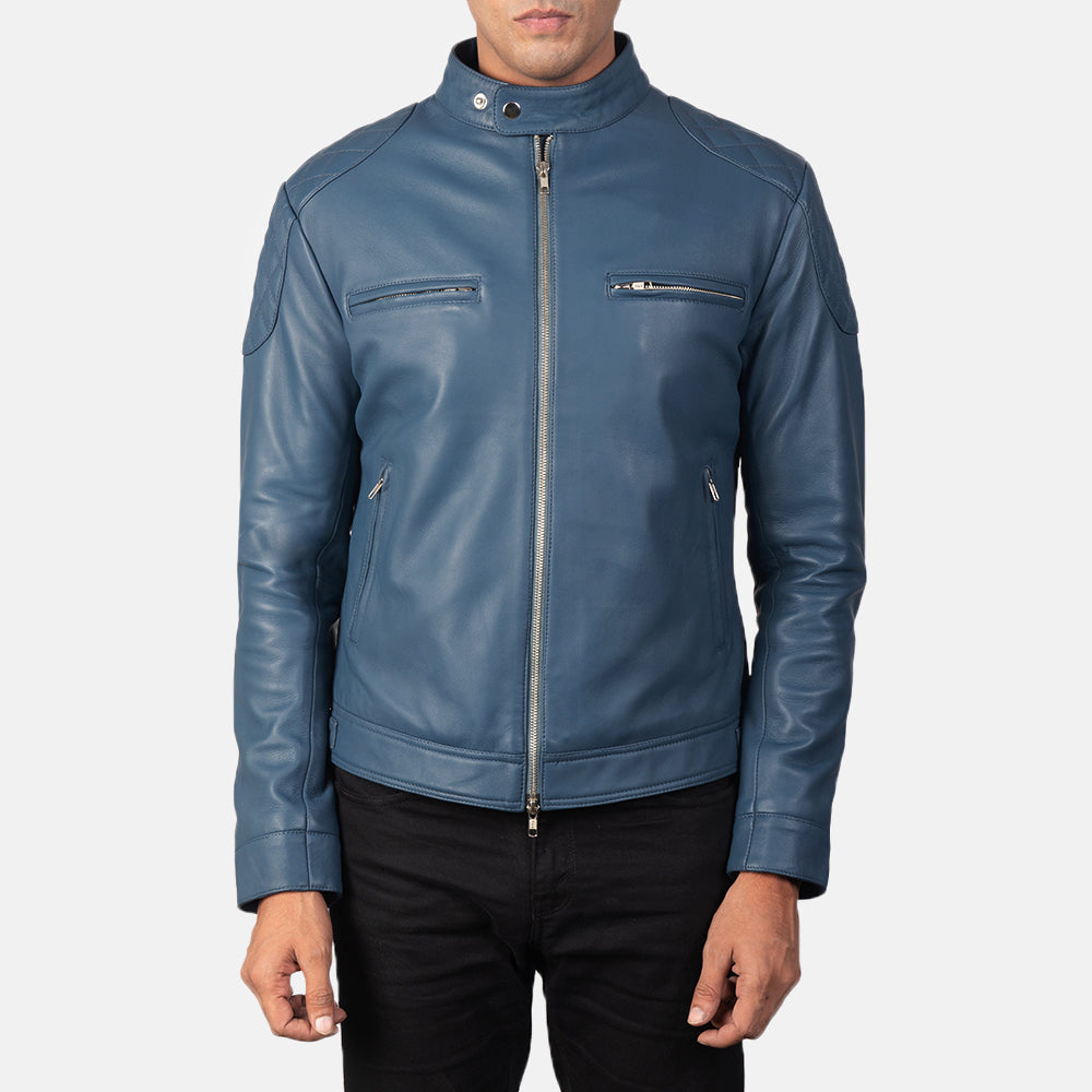 New Gatsby Blue Riding Motorbike Men Biker Leather Jacket