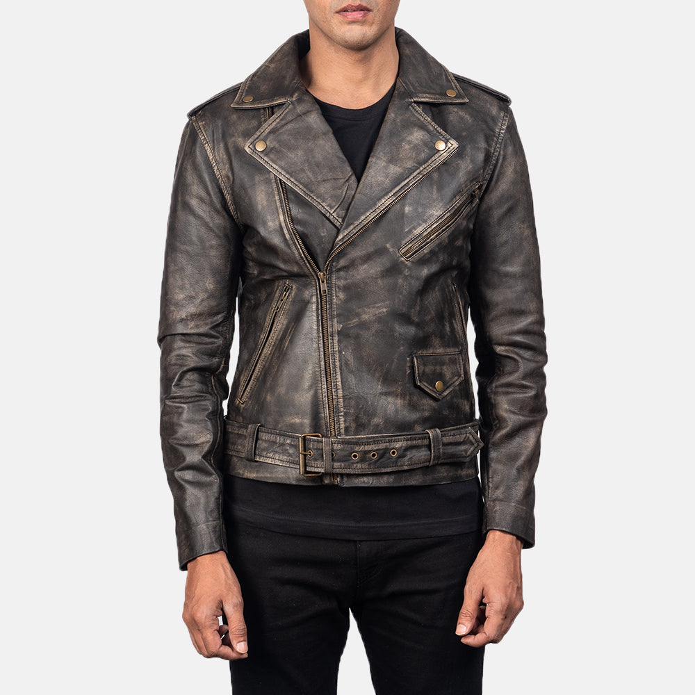 New Men Brown Moto Belted Motorcycle Leather Biker Jacket