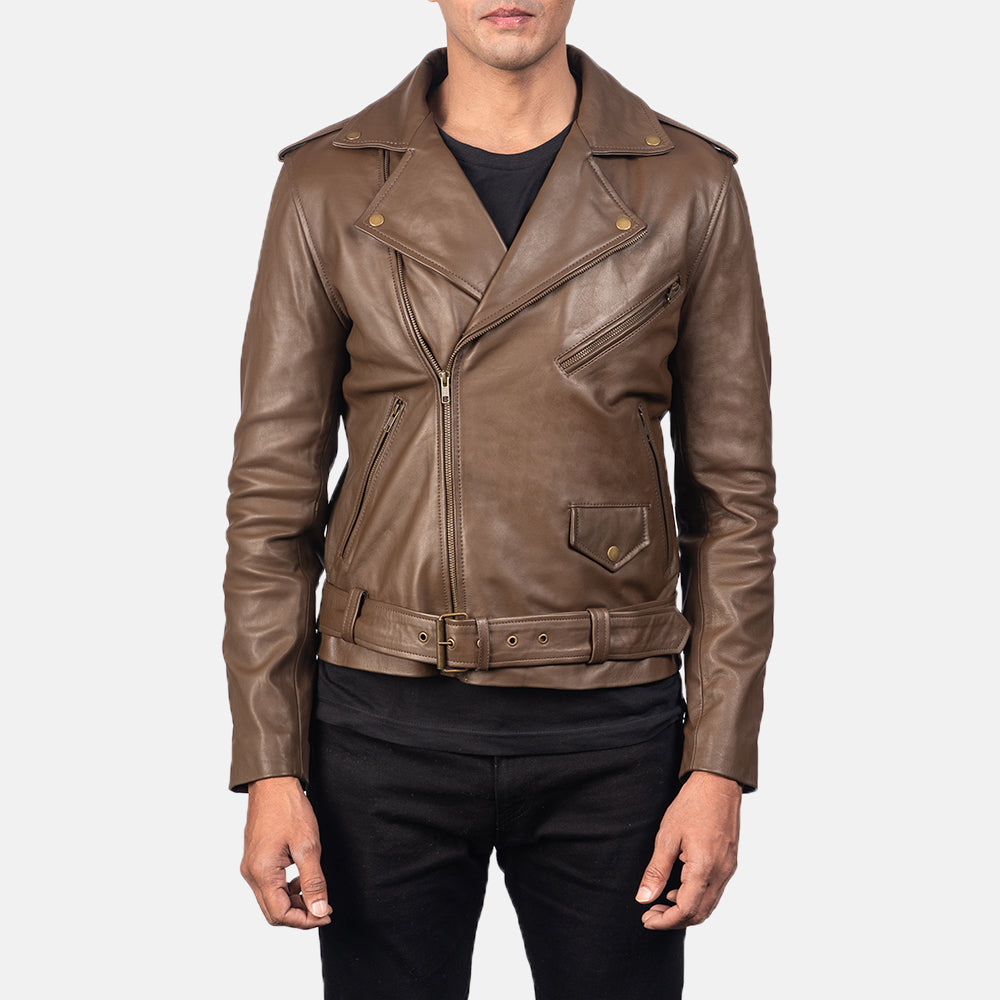 Men Mocha Motorbike Belted Racing Moto Biker Leather Jacket