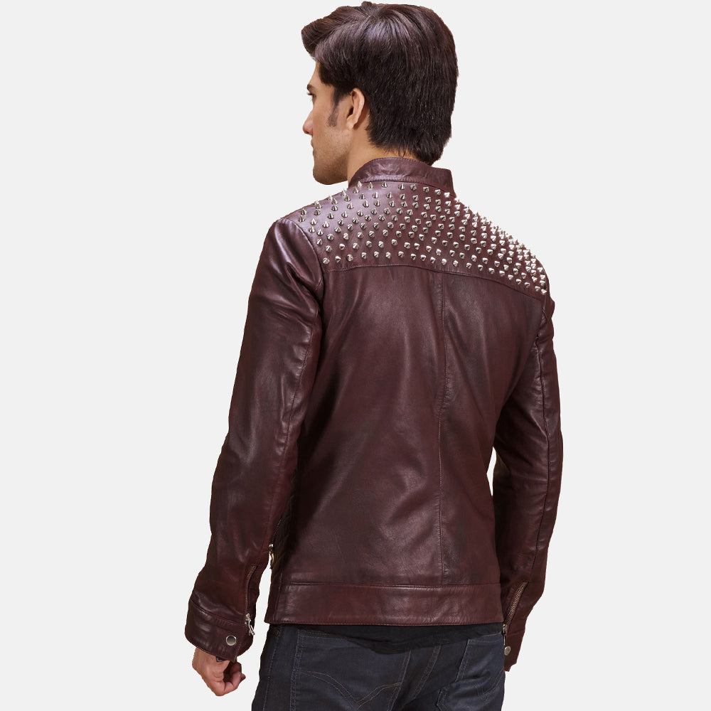 New Men Maroon Studded Moto Racing Leather Biker Jacket