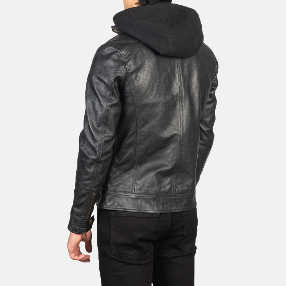 Men Black Hooded Moto Riding Leather Biker Jacket