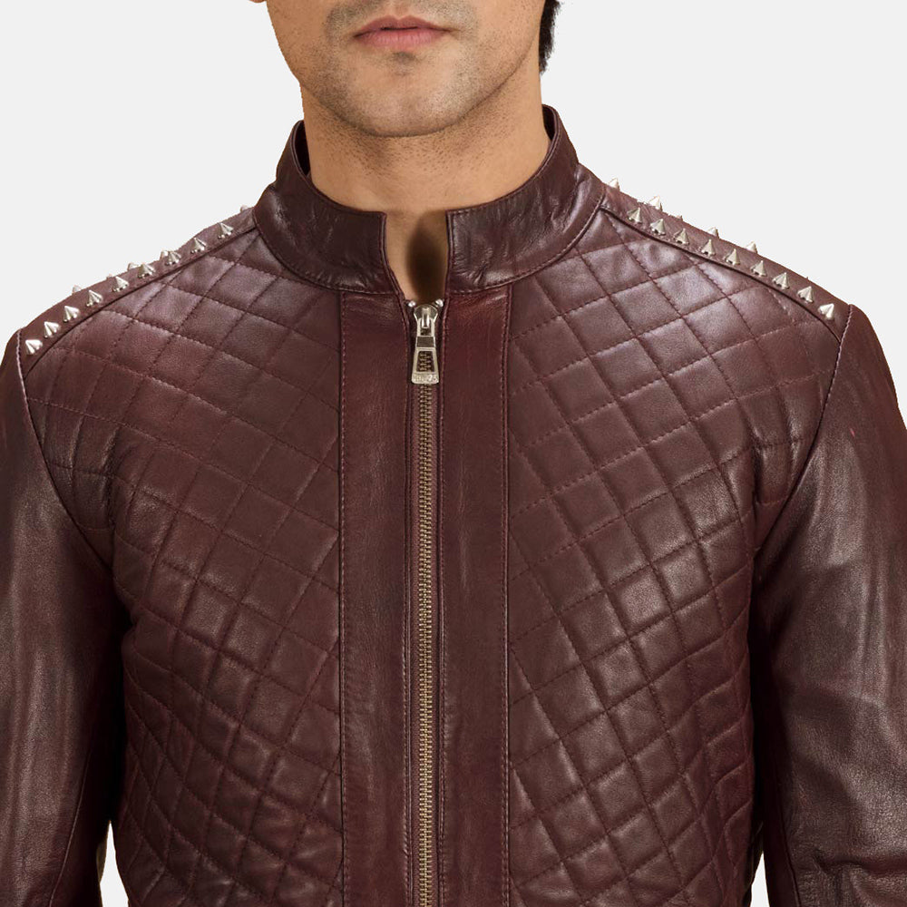 New Men Maroon Studded Moto Racing Leather Biker Jacket