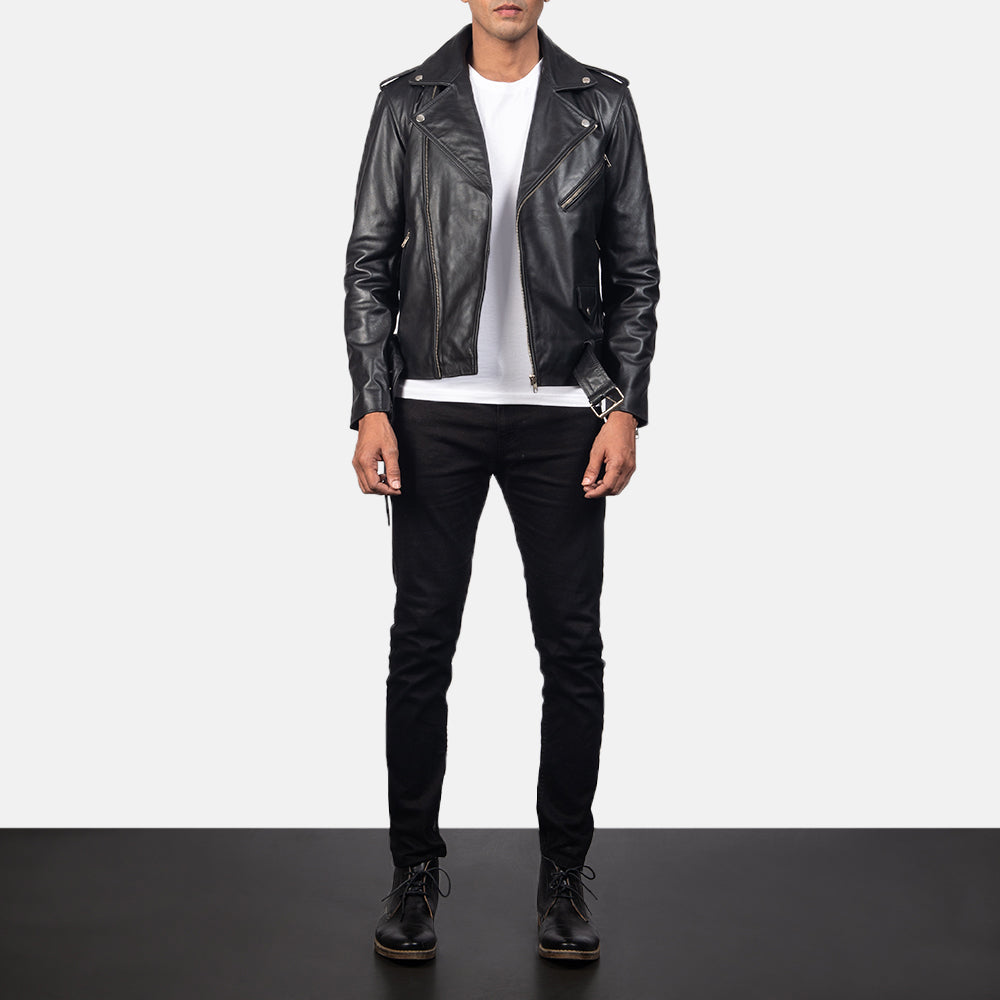 New Men Black Belted Moto Motorcycle Riding Leather Biker Jacket