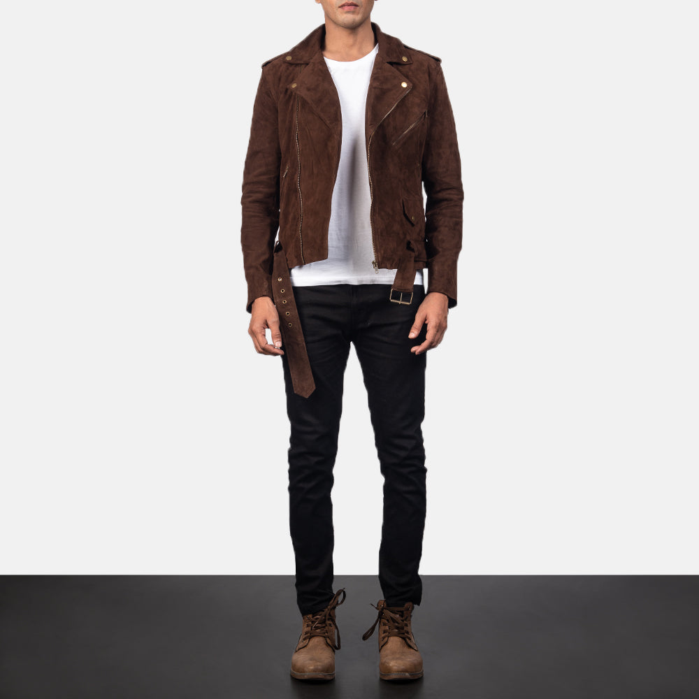 New Men Brown Motorcycle Racing Moto Suede Leather Biker Jacket