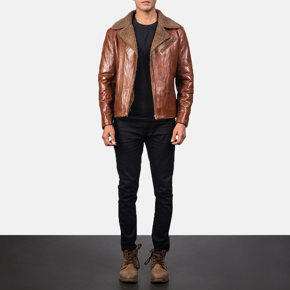 New Alberto Brown Shearling Moto Riding Men Biker Leather Jacket