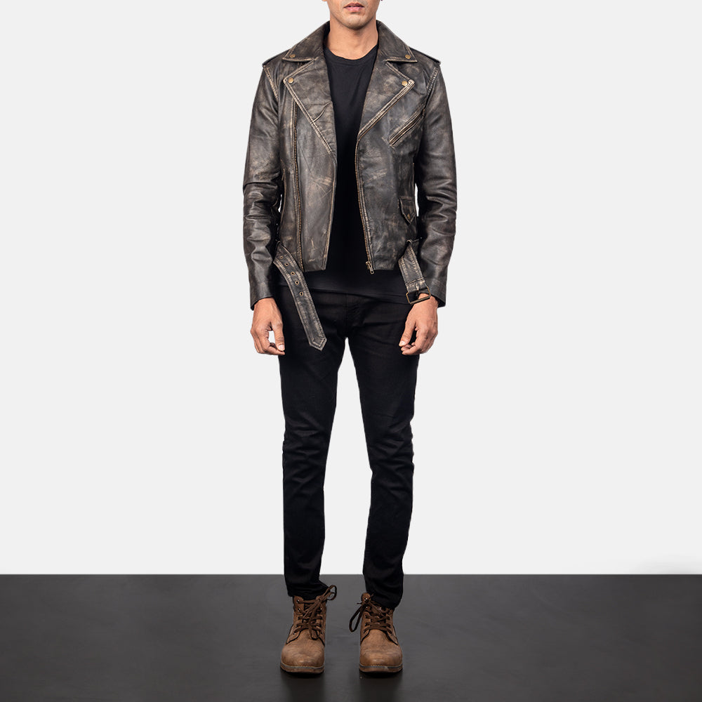 New Men Brown Moto Belted Motorcycle Leather Biker Jacket
