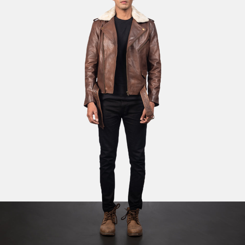 New Furton Brown Moto Belted Motorcycle Riding Men Biker Leather Jacket
