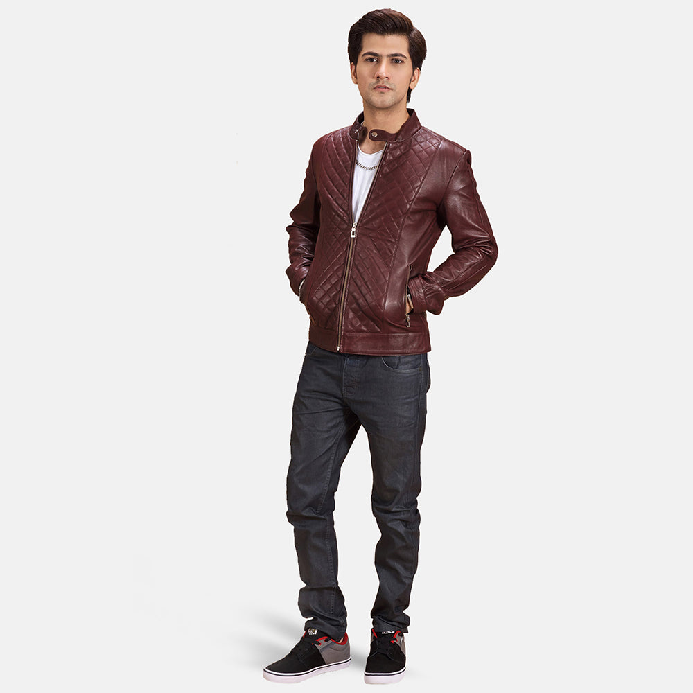 New Men Maroon Studded Moto Racing Leather Biker Jacket
