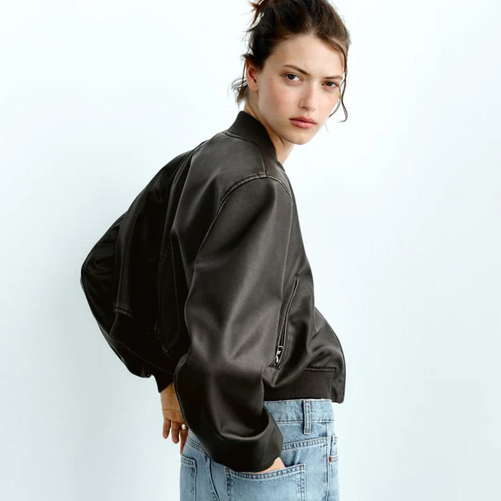 Women's Black Aviator Bomber Leather Jacket