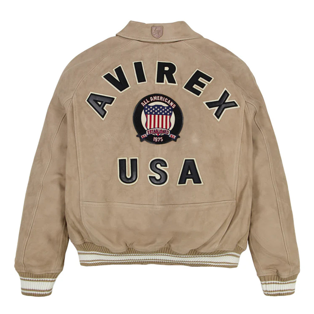 Beige jacket with 'Avirex USA' branding on a white background