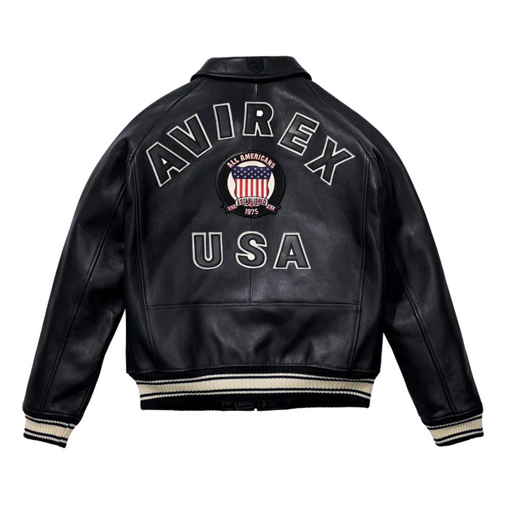 Men's Avirex USA Leather Bomber Jacket – Classic Varsity Black with Patch Detail