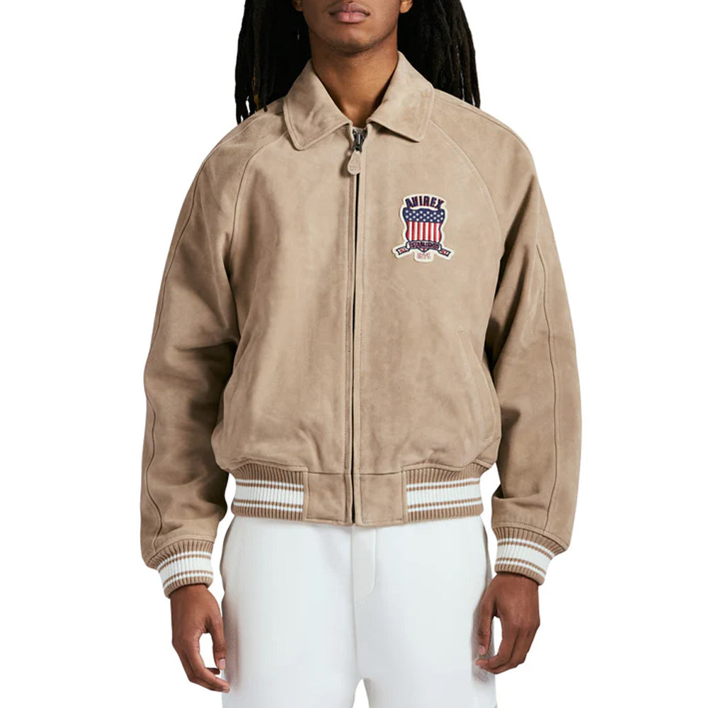Beige varsity jacket with a logo on a white background