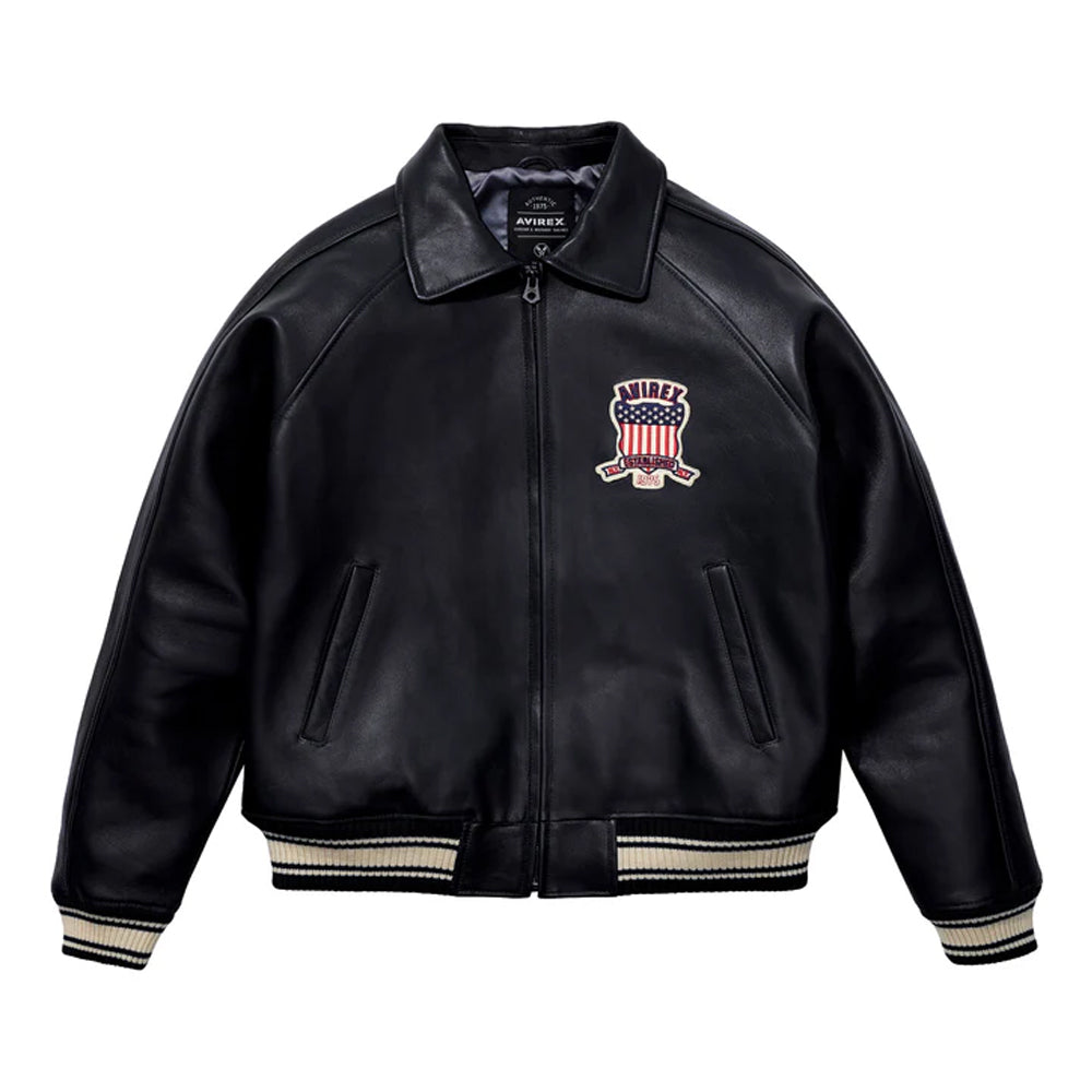 Black leather jacket with a logo on a white background