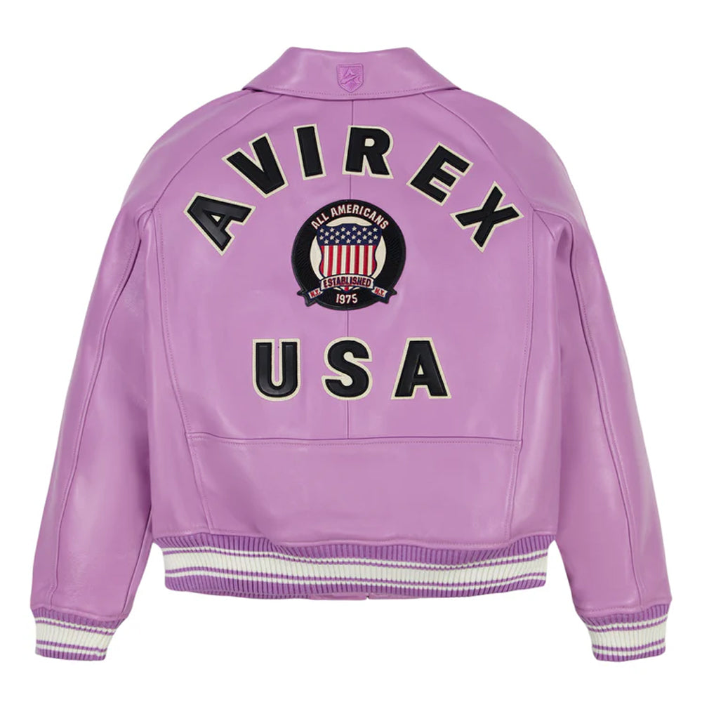 Purple jacket with 'Avirex USA' branding on a white background