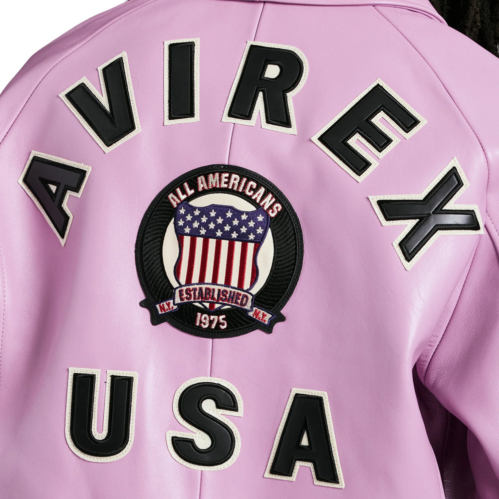 Pink jacket with 'AVIREX USA' branding and a logo featuring an American flag.