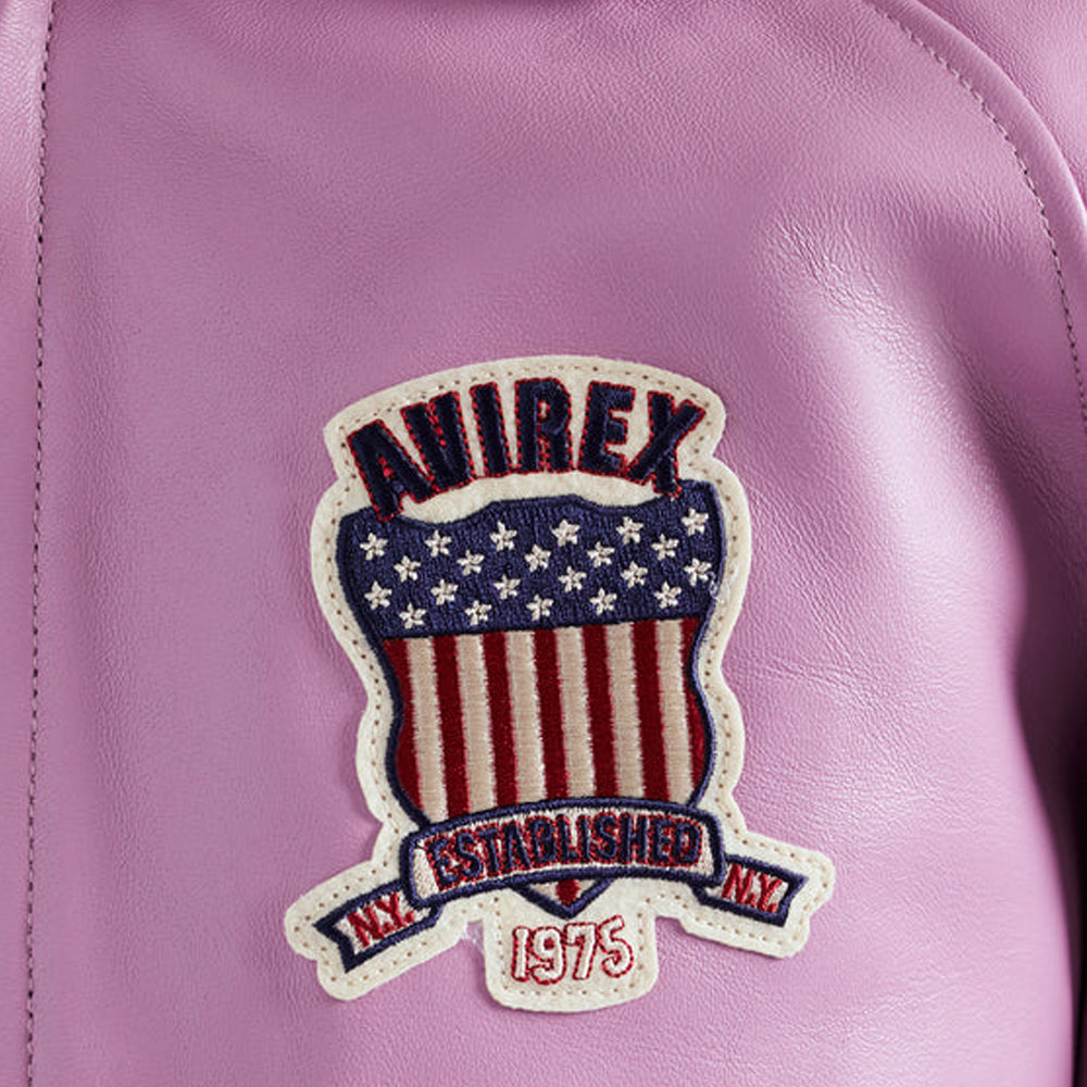 Avirex patch on a purple leather jacket
