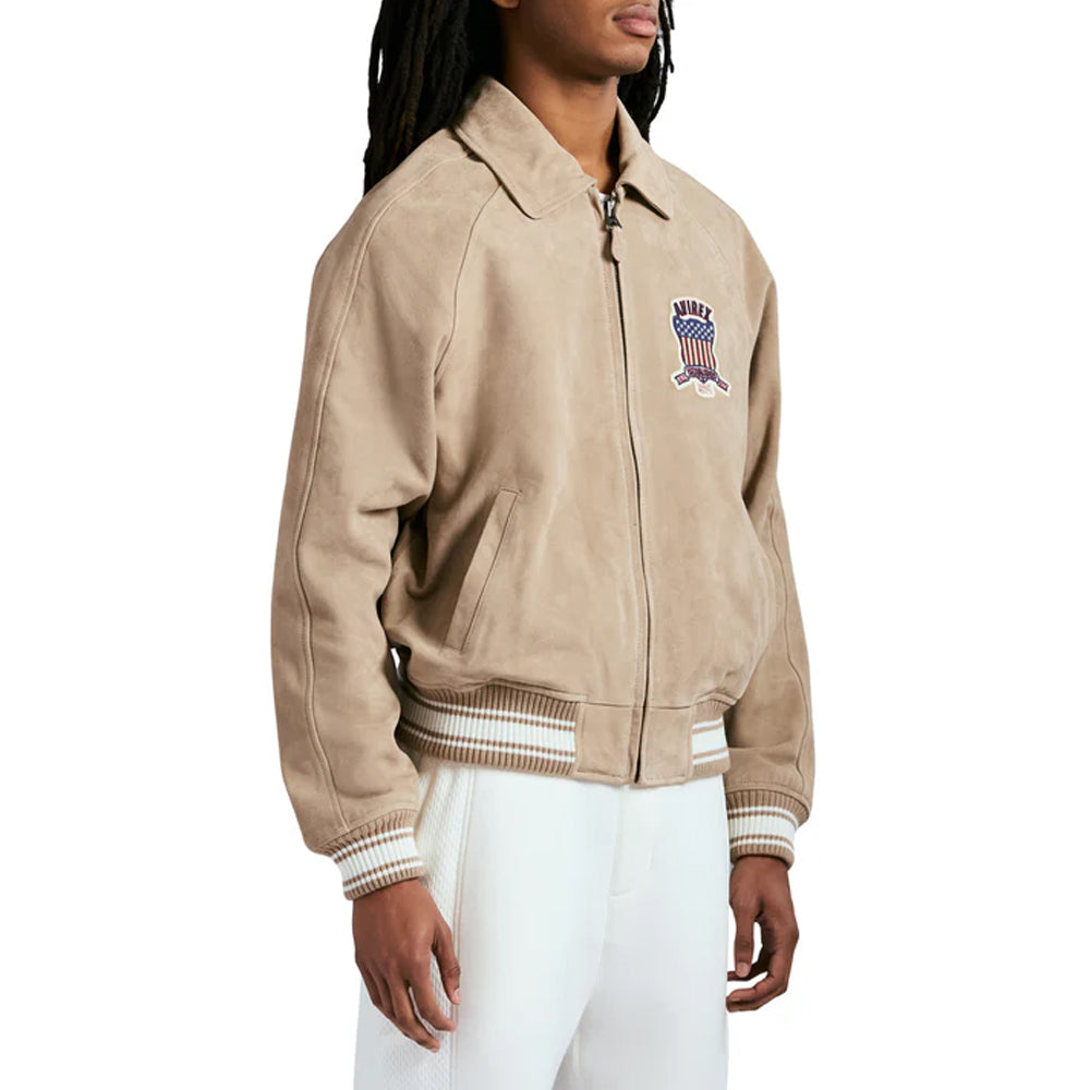 Beige bomber jacket with a logo on a white background
