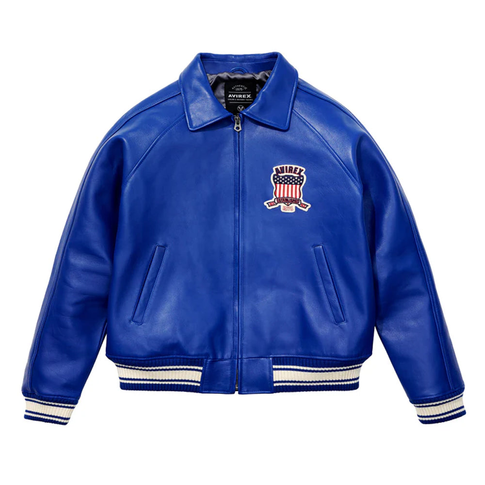 Blue leather jacket with a brand logo on a white background