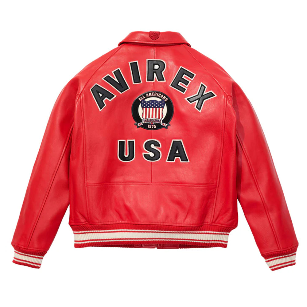 Red leather jacket with 'Avirex USA' branding on a white background
