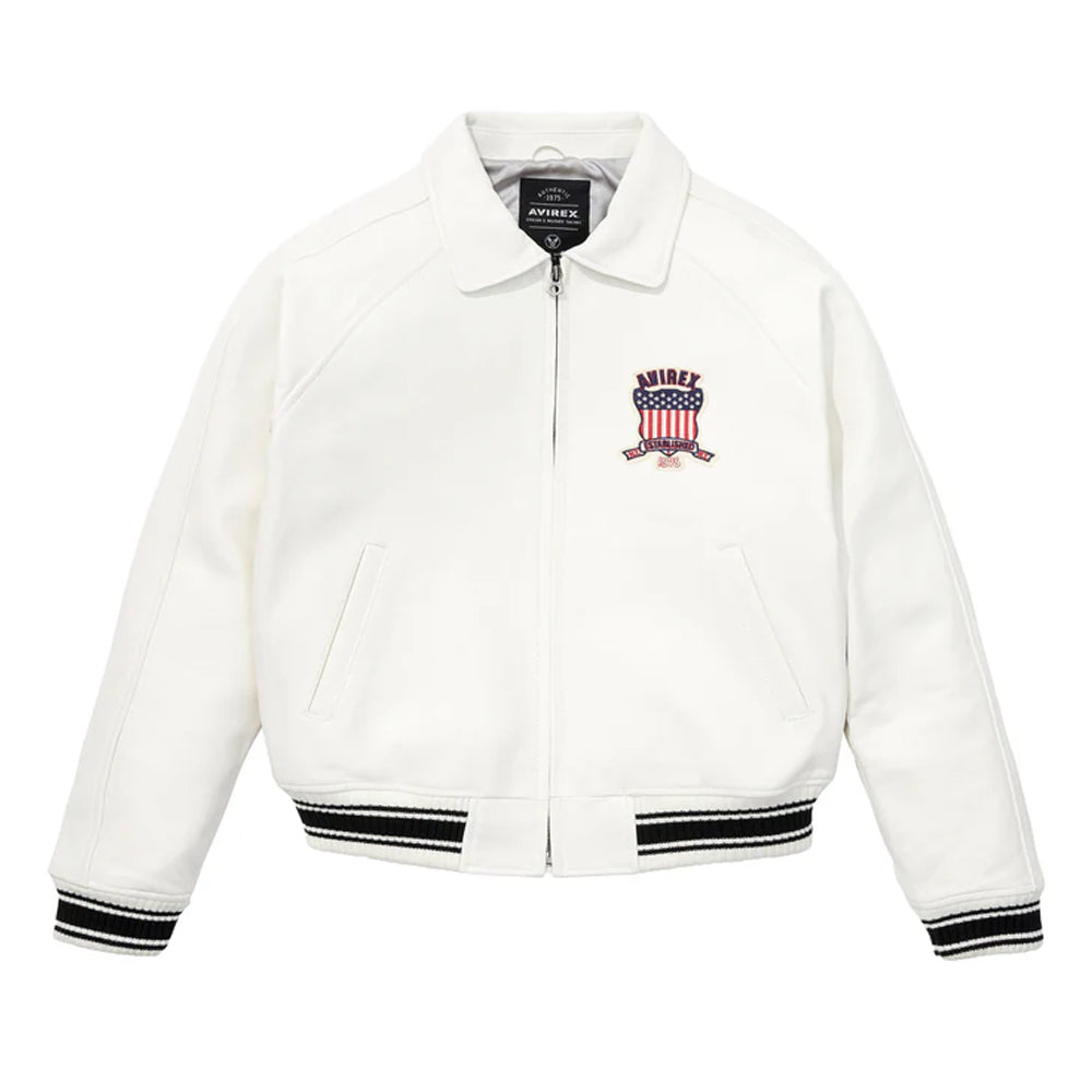 White jacket with black trim and a logo on a white background
