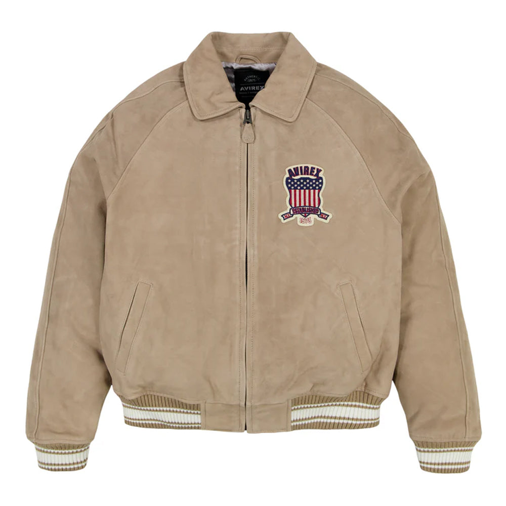 Beige jacket with a logo on the chest against a white background