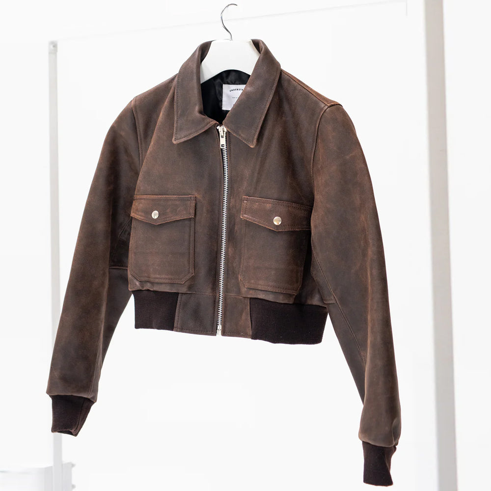 Women Bomber Distressed Brown Oversized Pockets Leather Jacket