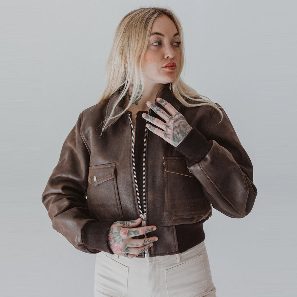 Women Bomber Distressed Brown Oversized Pockets Leather Jacket